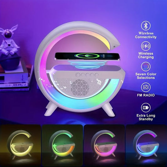 3-in-1 RGB LED Wireless Charging Speaker – Music Sync Ambient Light + Fast Qi Charger + Bluetooth Stereo Sound | Modern Bedside Lamp