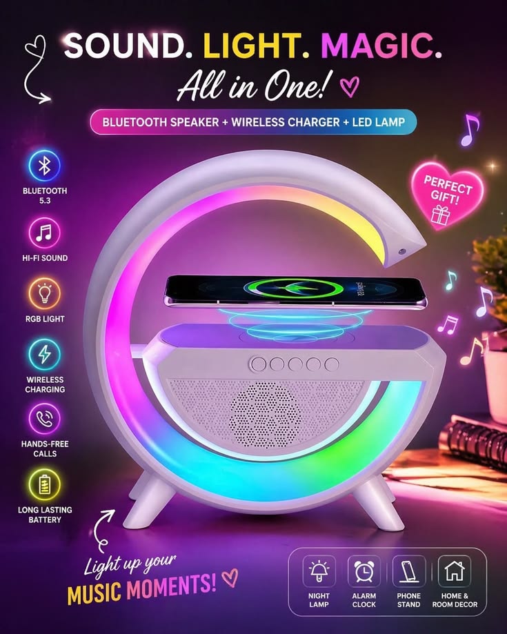 3-in-1 RGB LED Wireless Charging Speaker – Music Sync Ambient Light + Fast Qi Charger + Bluetooth Stereo Sound | Modern Bedside Lamp