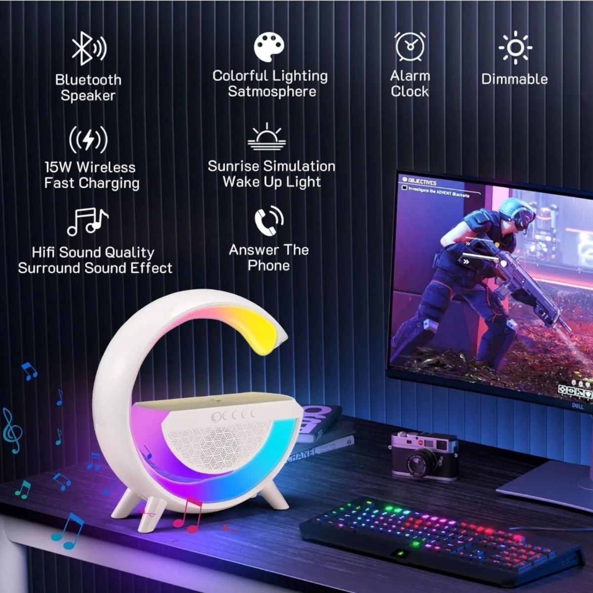3-in-1 RGB LED Wireless Charging Speaker – Music Sync Ambient Light + Fast Qi Charger + Bluetooth Stereo Sound | Modern Bedside Lamp
