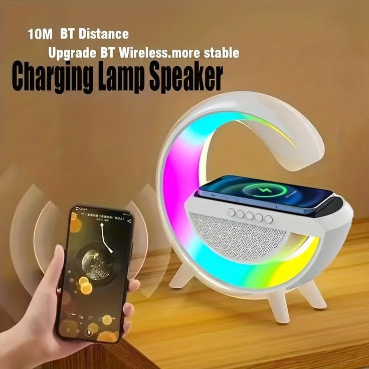 3-in-1 RGB LED Wireless Charging Speaker – Music Sync Ambient Light + Fast Qi Charger + Bluetooth Stereo Sound | Modern Bedside Lamp