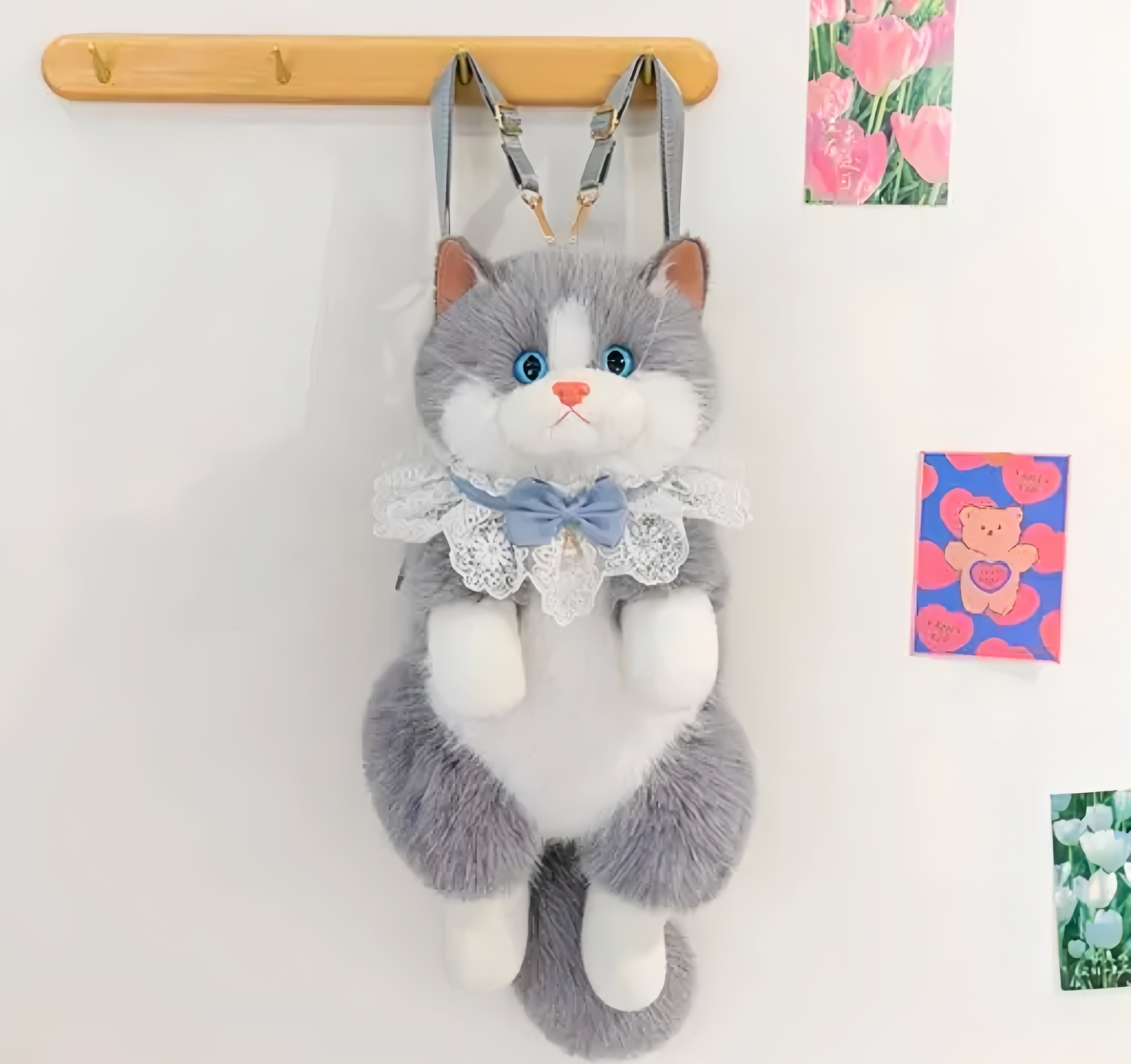 Cute Cat Shaped Plush Backpack, Grey and White, Lace Bow Accent, Kawaii Style Bag for Girls