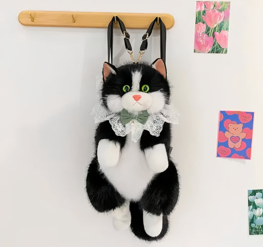 Cute Cat Shaped Plush Backpack, Grey and White, Lace Bow Accent, Kawaii Style Bag for Girls