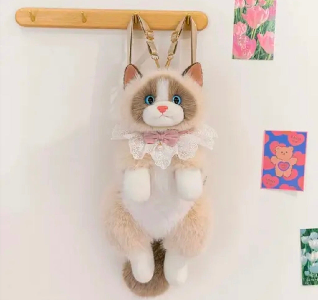 Cute Cat Shaped Plush Backpack, Grey and White, Lace Bow Accent, Kawaii Style Bag for Girls