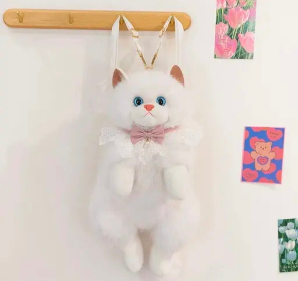 Cute Cat Shaped Plush Backpack, Grey and White, Lace Bow Accent, Kawaii Style Bag for Girls